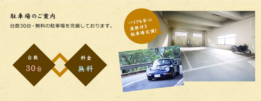 駐車場のご案内　台数30台・無料の駐車場を完備しております。